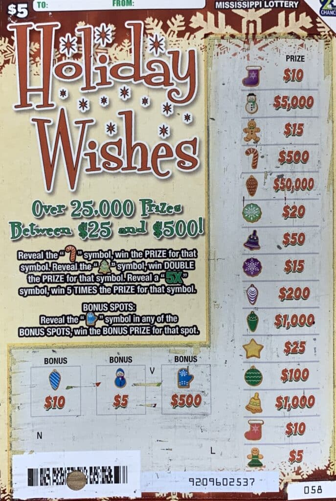 An Olive Branch man won $1,000 on a Holiday Wishes scratch-off game purchased from Robinsonville Shell on Hwy. 61 N., Robinsonville.