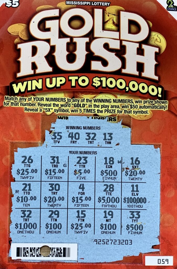 A Tylertown woman won $1,000 on a Gold Rush scratch-off game purchased from Murphy Oil USA #7804 on Hwy. 98, Columbia.