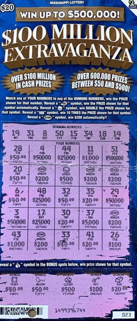 A Greenwood man won $2,000 on a $100 Million Extravaganza scratch-off game purchased from The Stoggie Shop on Hwy. 82 W., Greenwood.