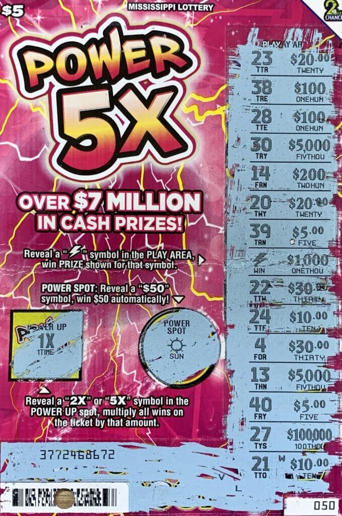 A Kiln player won $1,000 on a Power 5x scratch-off game purchased from Dolly’s Quick Stop on Hwy. 603, Kiln.