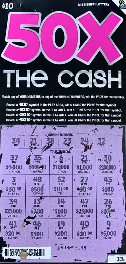 An Ecru woman won $1,000 on a 50x the Cash scratch-off game purchased from Murphy Oil USA #7314 on Chrystal Plaza Dr., New Albany.