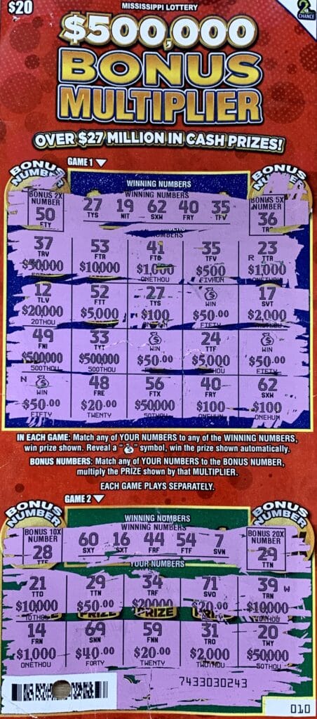 A Poplarville man won $2,000 on a $500,000 Bonus Multiplier scratch-off game purchased from McNeill General Store on Hwy. 11, Carriere.