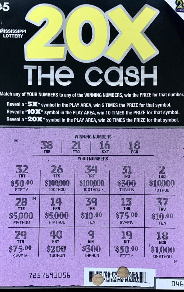 A Moss Point man won $1,000 on a 20x the Cash scratch-off game purchased from Raceway 6867 on Hwy. 63, Moss Point.