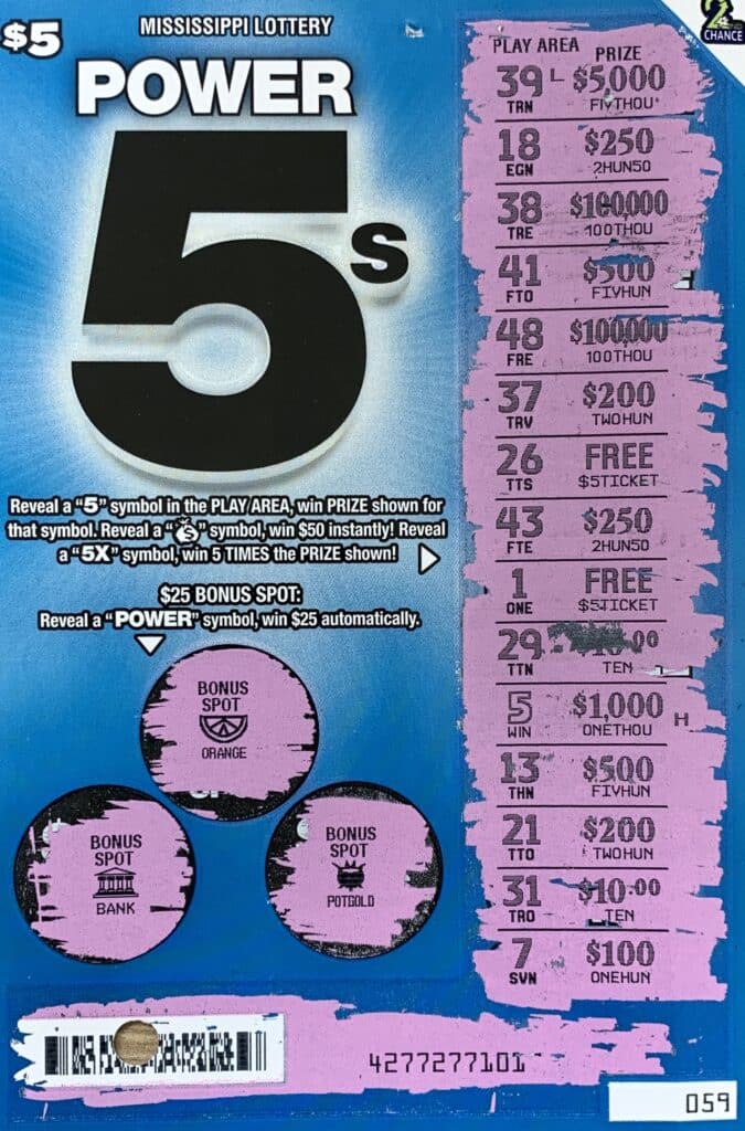 An Ocean Springs woman won $1,000 on a Power 5s scratch-off game purchased from Miss Heather's Texaco on Hwy. 57, Vancleave.