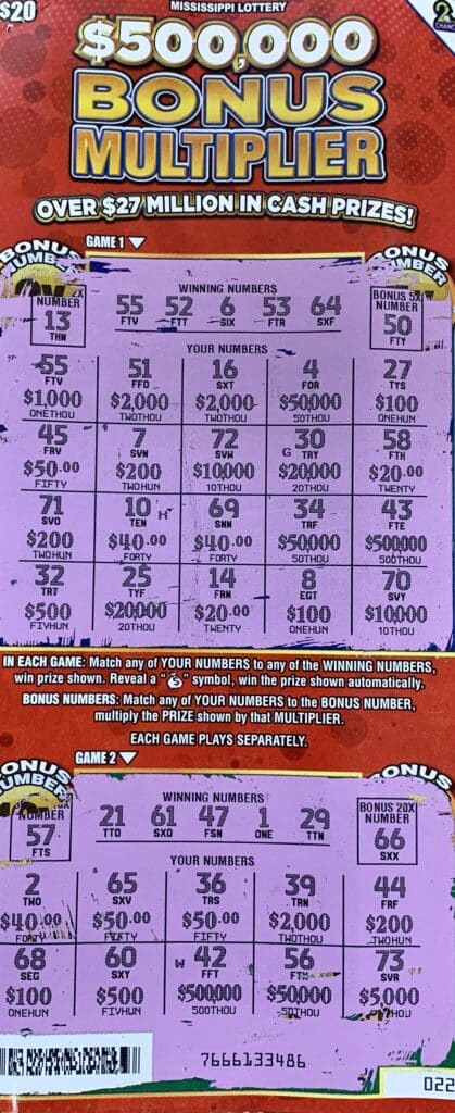 A Tupelo man won $1,000 on a $500,000 Bonus Multiplier scratch-off game purchased at EK Food Mart on E. Third St., Forest.