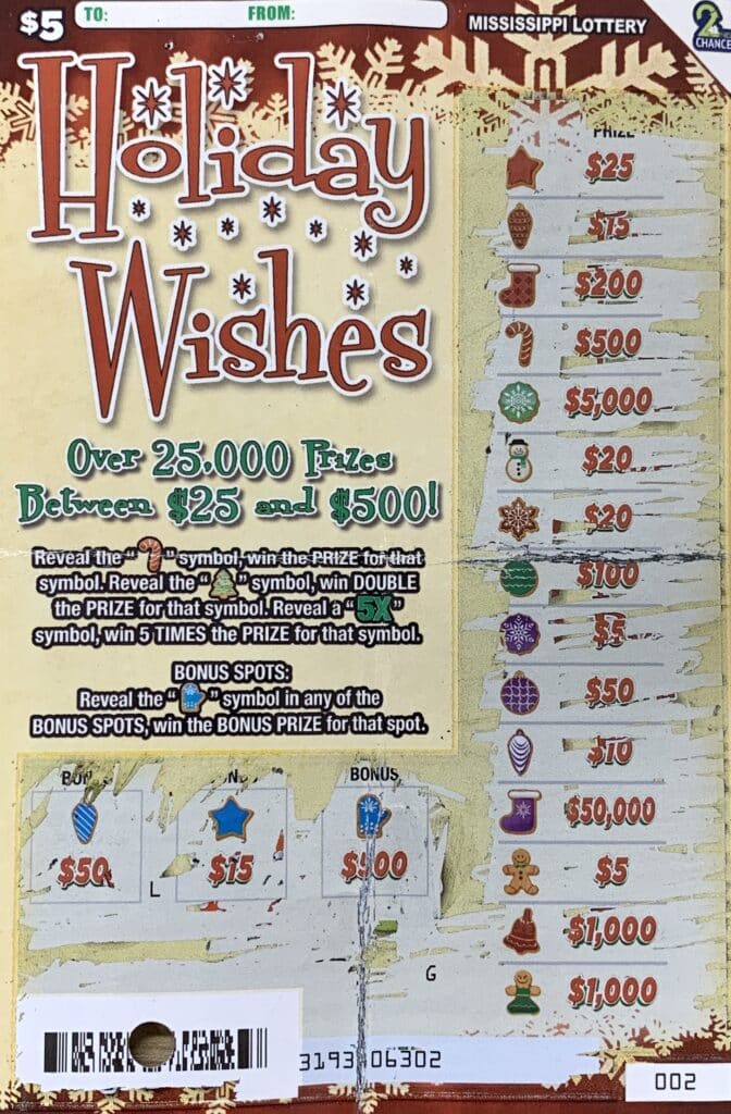 A Water Valley man won $1,000 on a Holiday Wishes scratch-off game purchased from Sprint Mart #48 on N. Main St., Water Valley.