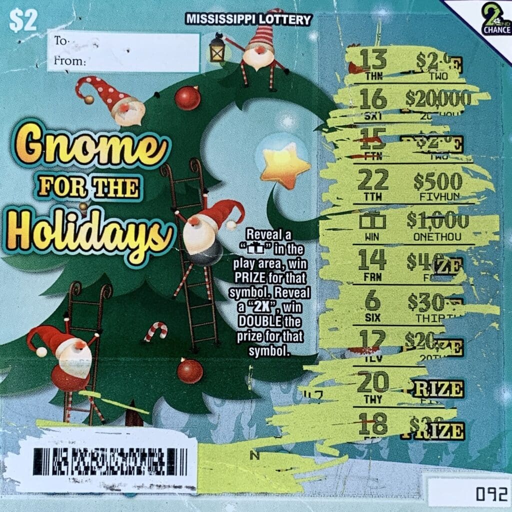 A West Point woman won $1,000 on a Gnome for the Holidays scratch-off game purchased at Sprint Mart #4136 on Highway 45 Alternate North, West Point.