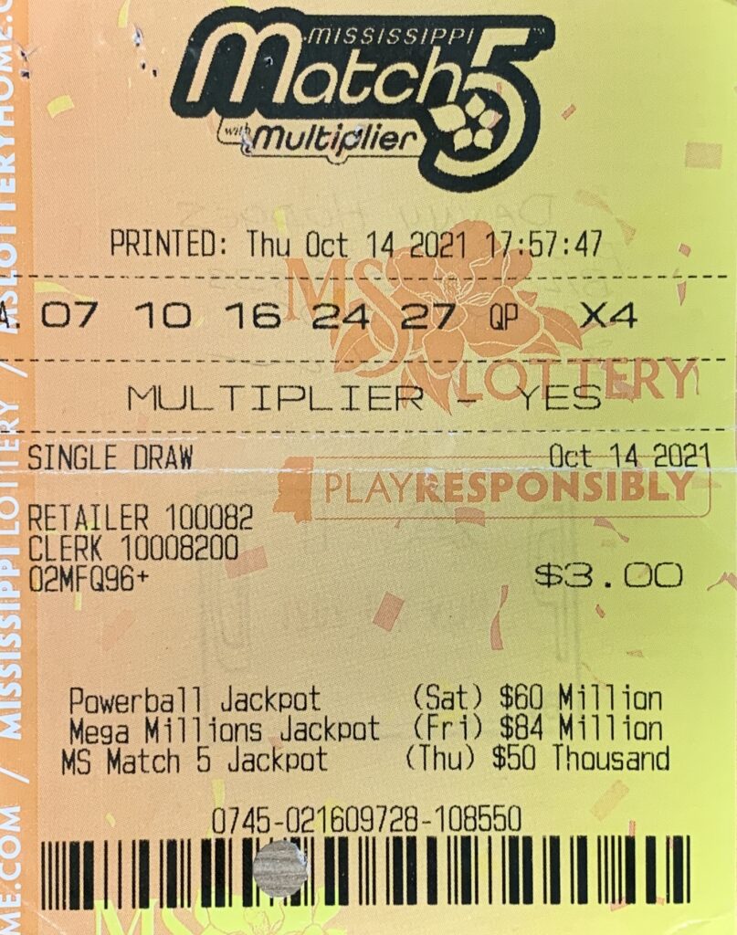 A Biloxi man won $800 on a Mississippi Match 5 ticket purchased from K & D Convenience Store on Howard Ave., Biloxi.