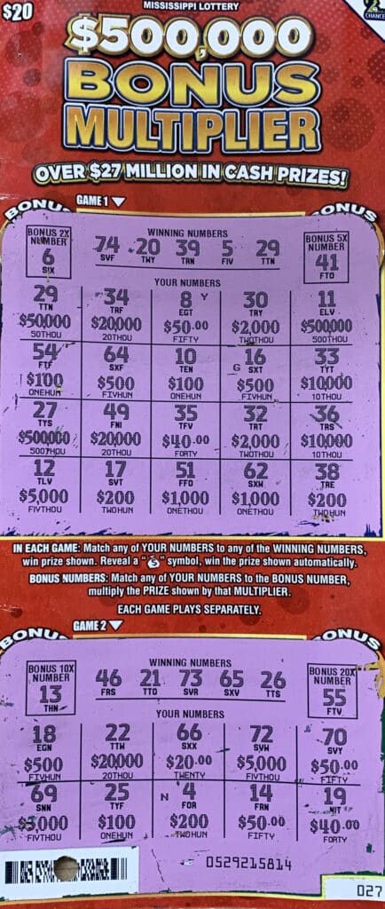 A Pearl man won $50,000 on a $500,000 Bonus Multiplier scratch-off game purchased from Lakeside Express #4 on Hwy. 80 W., Clinton.