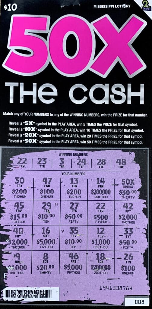 An Iuka man won $2,000 on a 50x the Cash scratch-off game purchased from Wiley Discount Tobacco and Beverages Inc. on Battleground Dr., Iuka.