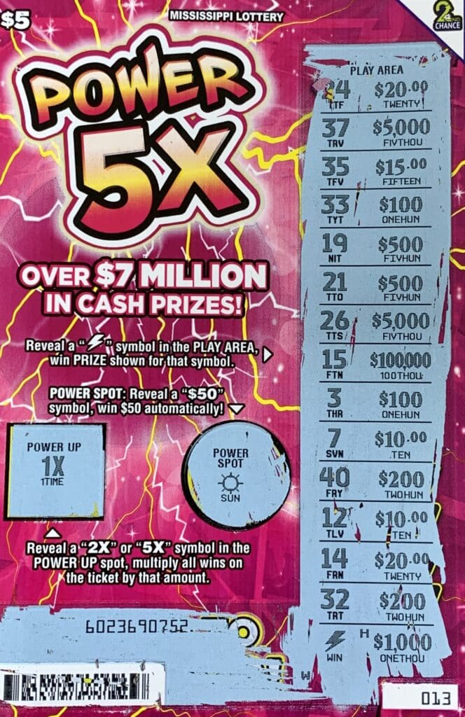 A Jackson man won $1,000 on a Power 5x scratch-off game purchased at Grab N Go Texaco on Lynch St., Jackson.