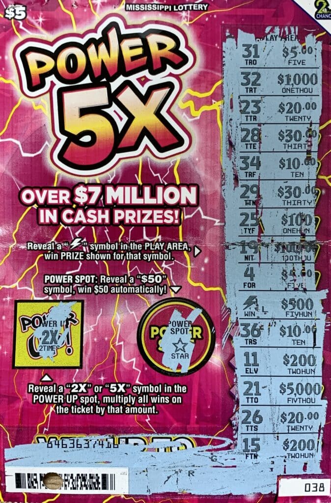 A Brandon woman won $1,000 on a Power 5x scratch-off game purchased from MJ Food Mart on Hwy. 18, Brandon.