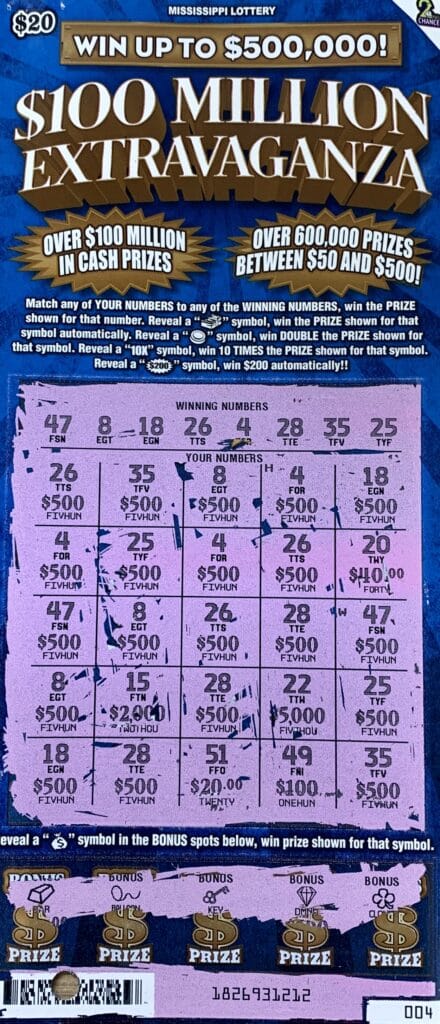 A Pontotoc County player won $10,000 on a $100 Million Extravaganza scratch-off game purchased from Jay Vista Meldi LLC on W. Oxford St., Pontotoc.