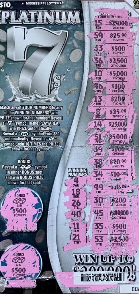 A Magee woman won $1,000 on a Platinum 7s scratch-off game purchased from Keith’s Superstore #140 LLC on Rock Hill Rd., Mount Olive.