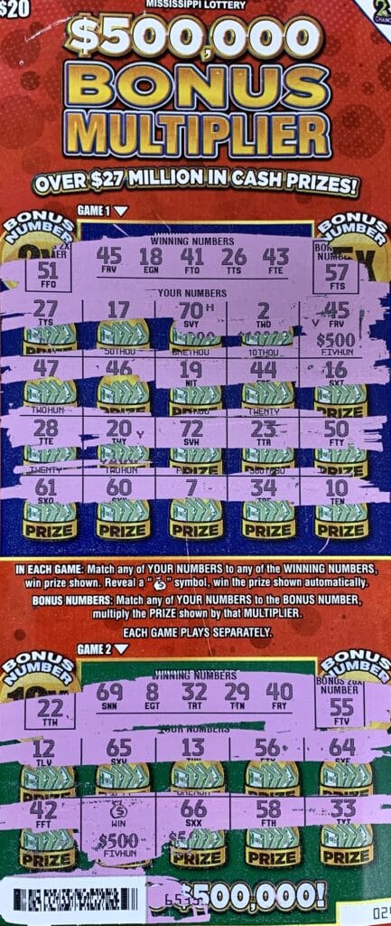 A Moss Point player won $1,000 on a $500,000 Bonus Multiplier scratch-off game purchased from Pilot Travel Center #586 on Hwy. 63, Moss Point.