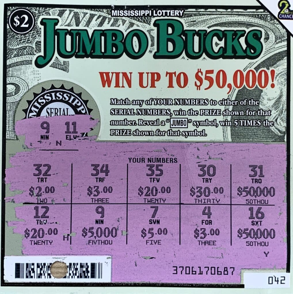 A Grenada man won $5,000 on a Jumbo Bucks scratch-off game purchased from Circle K Store #2721532 on Hwy. 7 N., Grenada.