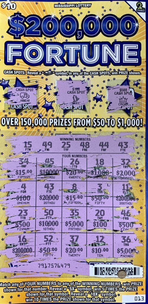 A Lamar County woman won $20,000 on a $200,000 Fortune scratch-off game purchased from Keith’s Superstore #155 LLC on Hwy. 98, Sumrall.