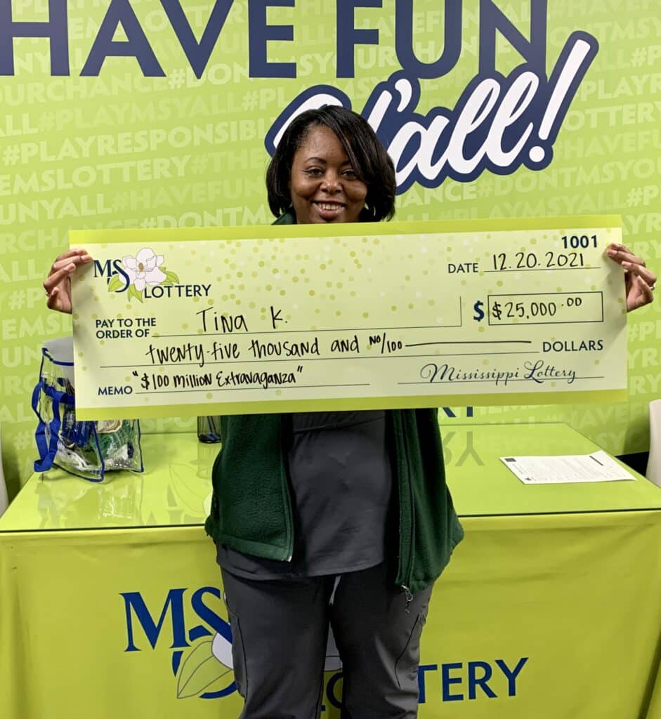 Tina K. of Jackson won $25,000 on a $100 Million Extravaganza scratch-off game purchased from Colonial Mart Shell on Old Canton Rd., Jackson.