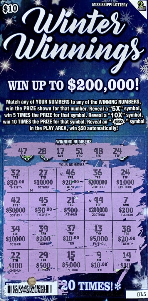 A Vancleave man won $1,000 on a Winter Winnings scratch-off game purchased from Dodge Store #6805 on Hwy. 90 W., Gautier.