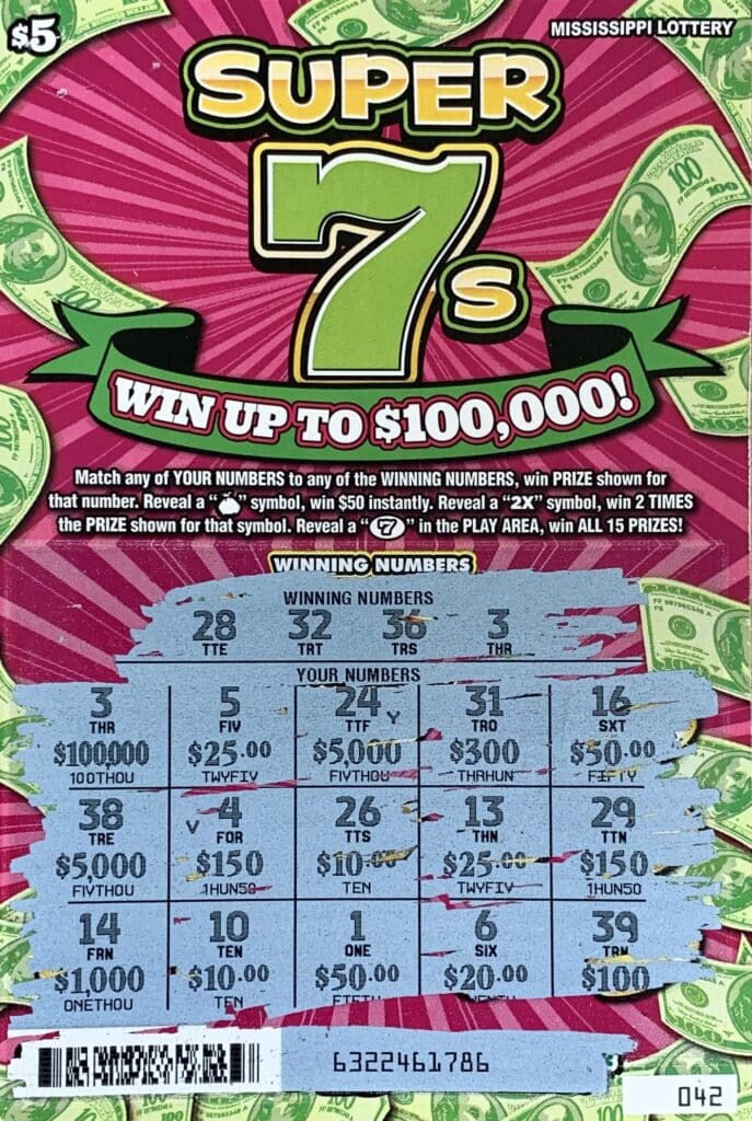 A Webster County man won $100,000 on a Super 7s scratch-off game purchased from Shell 5 Star on Goodman Rd., Olive Branch.