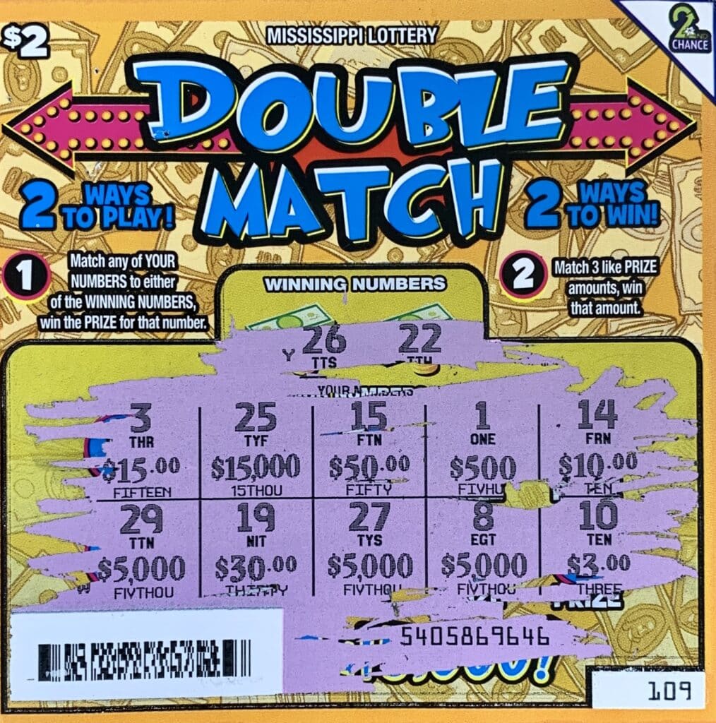 A Grenada player won $5,000 on a Double Match scratch-off game purchased from Holcomb Gasmart on Hwy. 7 S., Holcomb.