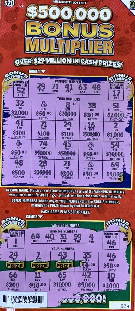 A Hattiesburg man won $2,000 on a $500,000 Bonus Multiplier scratch-off game purchased from Flash Market LLC #223 on Broadway Dr., Hattiesburg.