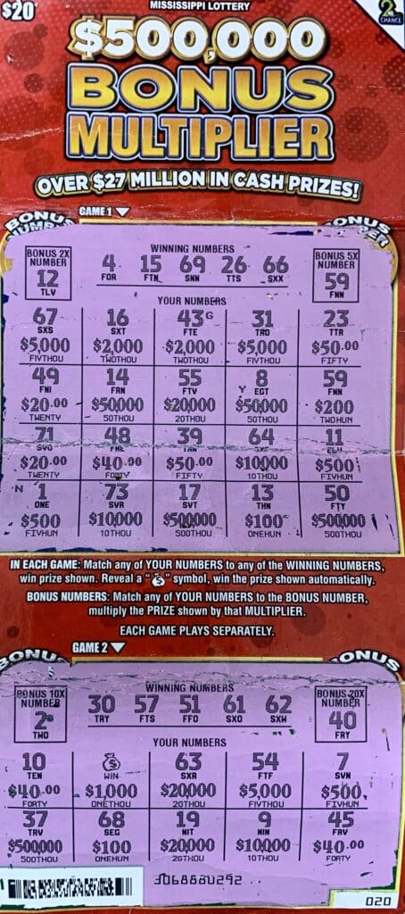 A Pontotoc woman won $2,000 on a $20 $500,000 Bonus Multiplier scratch-off game purchased from Jay Vista Meldi LLC on W. Oxford St., Pontotoc.