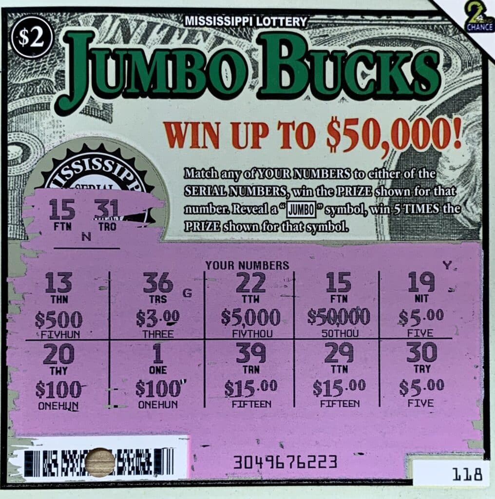 A DeSoto County woman won $50,000 on a $2 Jumbo Bucks scratch-off game purchased from Tobacco Warehouse 14 on Mt. Pleasant Rd., Hernando.