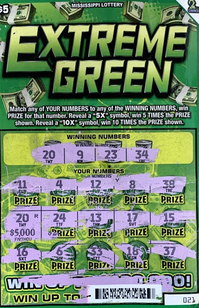 A Lee County man won $5,000 on a $5 Extreme Green scratch-off game purchased from NA Quick Mart on E. Bankhead St., New Albany.