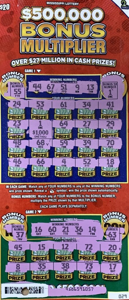 A New Albany woman won $5,000 on a $20 $500,000 Bonus Multiplier scratch-off game purchased from NA Quick Mart on E. Bankhead St., New Albany.