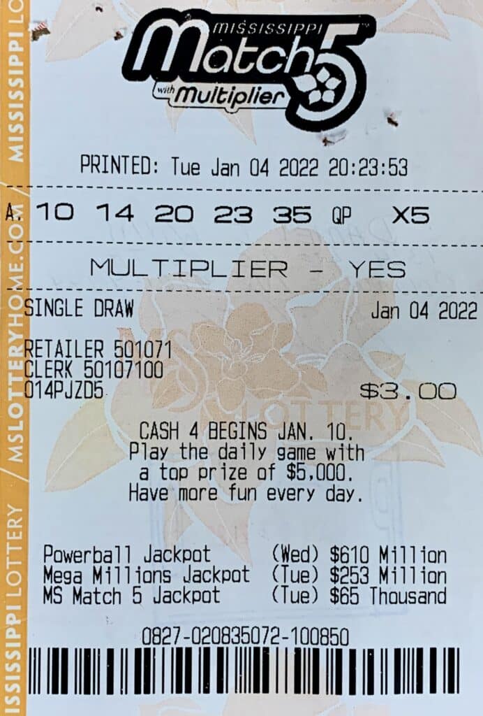 A Columbus man won $1,000 on a Mississippi Match 5 ticket with Multiplier, single draw for Jan. 4, purchased from Sprint Mart #4136 on Hwy. 45 N., West Point.