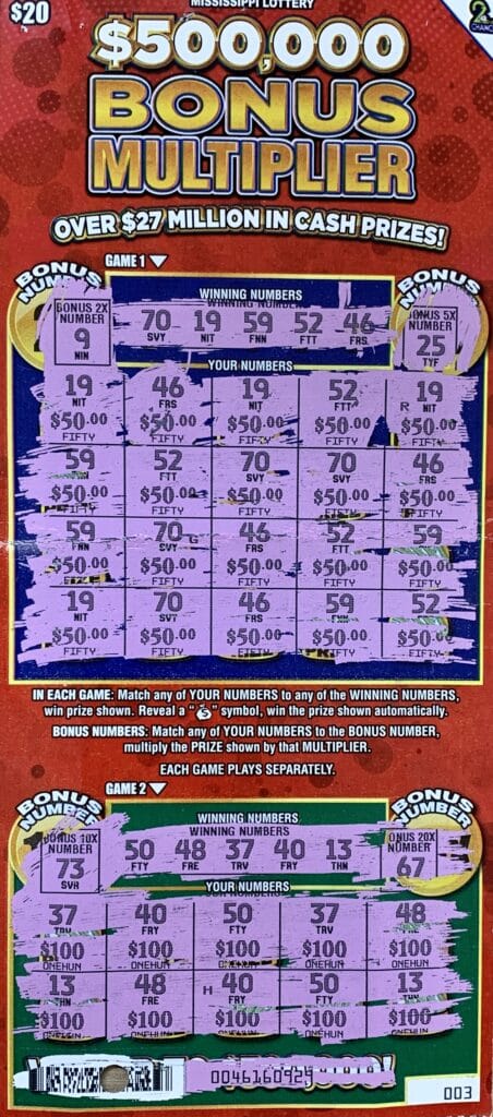 A Southaven woman won $2,000 on a $20 $500,000 Bonus Multiplier scratch-off game purchased from Tobacco Warehouse 19 on Church Rd. #108, Southaven.