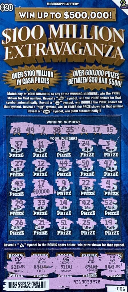 A Pascagoula woman won $10,000 on a $20 $100 Million Extravaganza scratch-off game purchased from Chicot Plaza on Old Mobile Ave., Pascagoula.