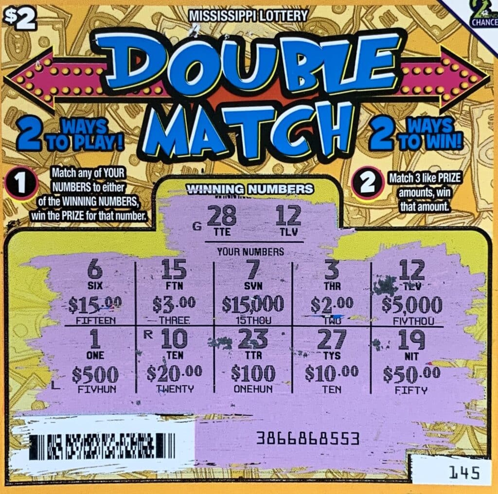 A Jefferson Davis County player won $5,000 on a $2 Double Match scratch-off game purchased from Circle K #2723386 on Hwy. 49, Brooklyn.