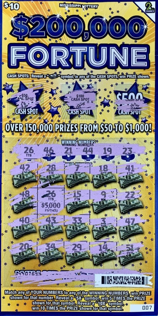 A Lauderdale player won $5,000 on a $10 $200,000 Fortune scratch-off game purchased from Winn Dixie #0533 on Hwy. 39 N., Meridian.