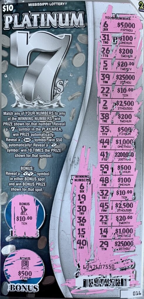 A Lee County man won $5,000 on a $10 Platinum 5s scratch-off game purchased from TNT Main Stop on Main St., Plantersville.