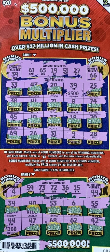 A Millport, Ala., player won $5,000 on a $20 $500,000 Bonus Multiplier scratch-off game purchased from Murphy Oil #6509 on Hwy. 45 N., Columbus.