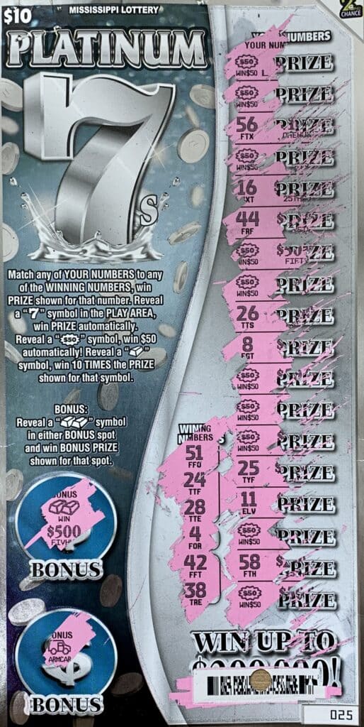 A Jackson woman won $1,000 on a $10 Platinum 7s scratch-off game purchased from Bay Springs Red Apple Truck Stop on Hwy. 18 W., Bay Springs.