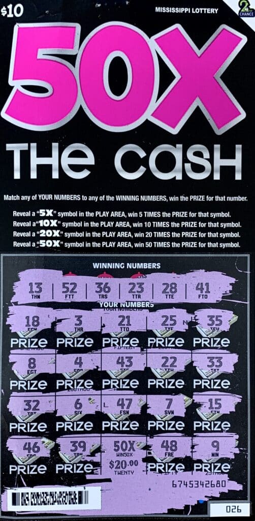 A Laurel man won $1,000 on a $10 50x the Cash scratch-off game purchased from Rapad Express III on Hwy. 15 N., Laurel.