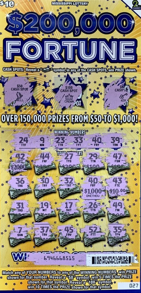 An Oxford woman won $1,000 on a $10 $200,000 Fortune scratch-off game purchased from Blue Springs Grocery & Grill LLC on Hwy. 9 S., Blue Springs.