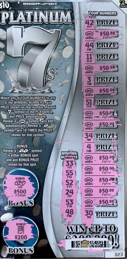 A Tupelo man won $1,000 on a $10 Platinum 7s scratch-off game purchased from M & H Quick Stop on S. Eason Blvd., Tupelo.