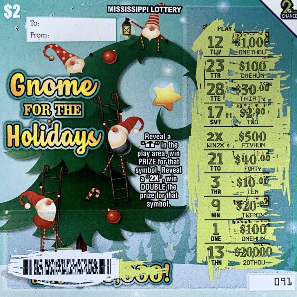 A Haleyville, Ala., woman won $1,000 on a $2 Gnome for the Holidays scratch-off game purchased from Quick Stop Food Mart LLC on Hwy. 30 E., Booneville.