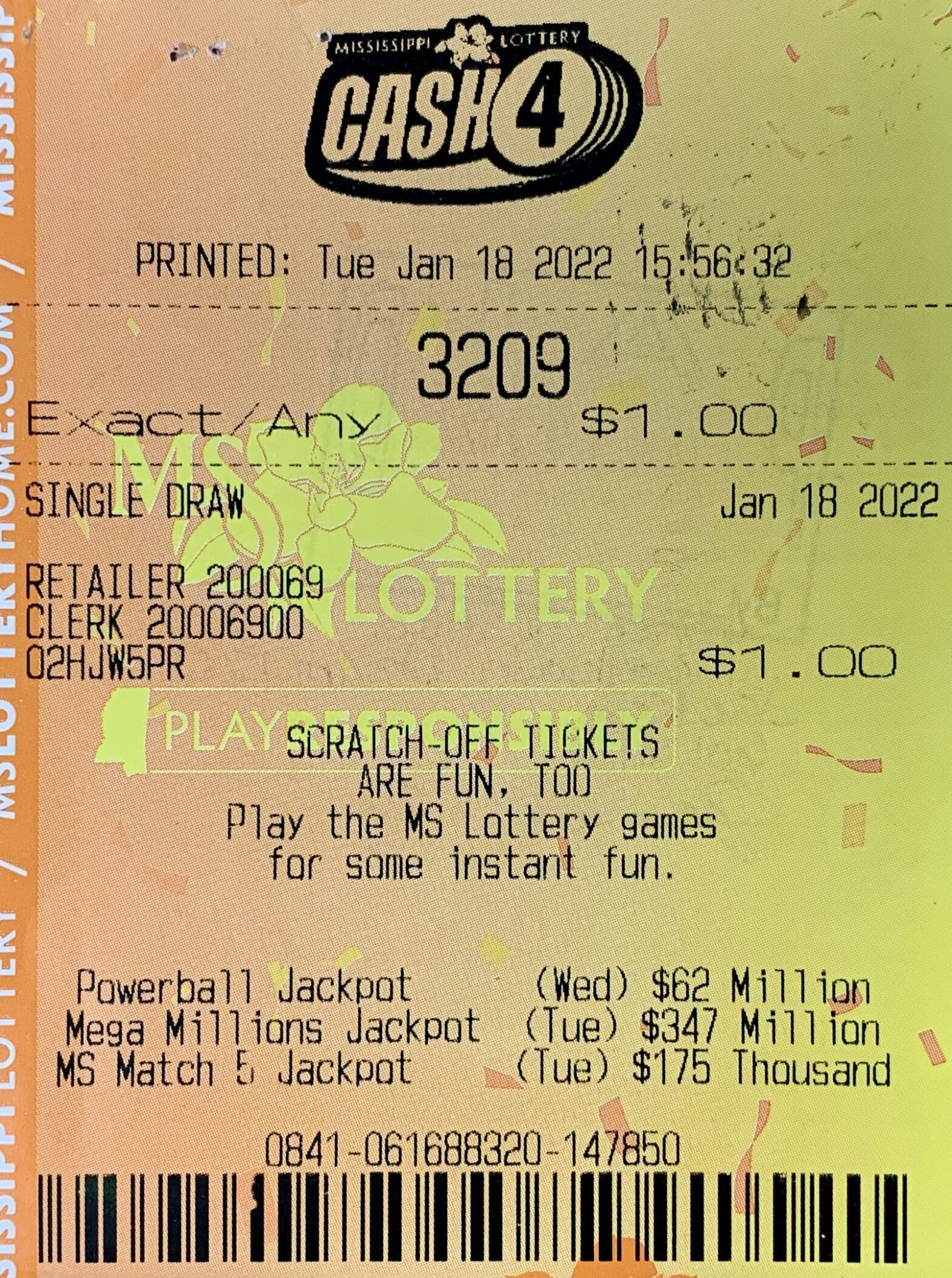 A Jackson man won $2,600 on a Cash 4 ticket purchased from Lakeland Red Apple Texaco on Lakeland Heights Blvd., Flowood.