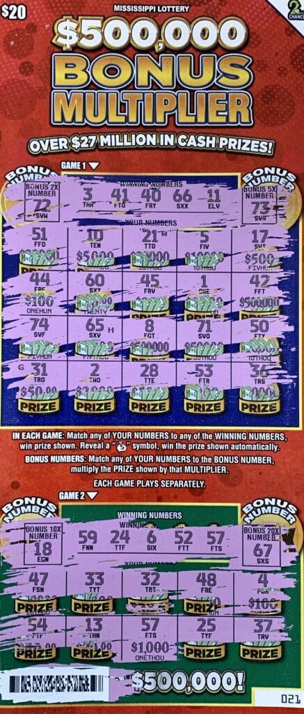 A Moss Point man won $1,000 on a $20 $500,000 Bonus Multiplier scratch-off game purchased from Murphy Oil #867 on Denny Ave., Pascagoula.