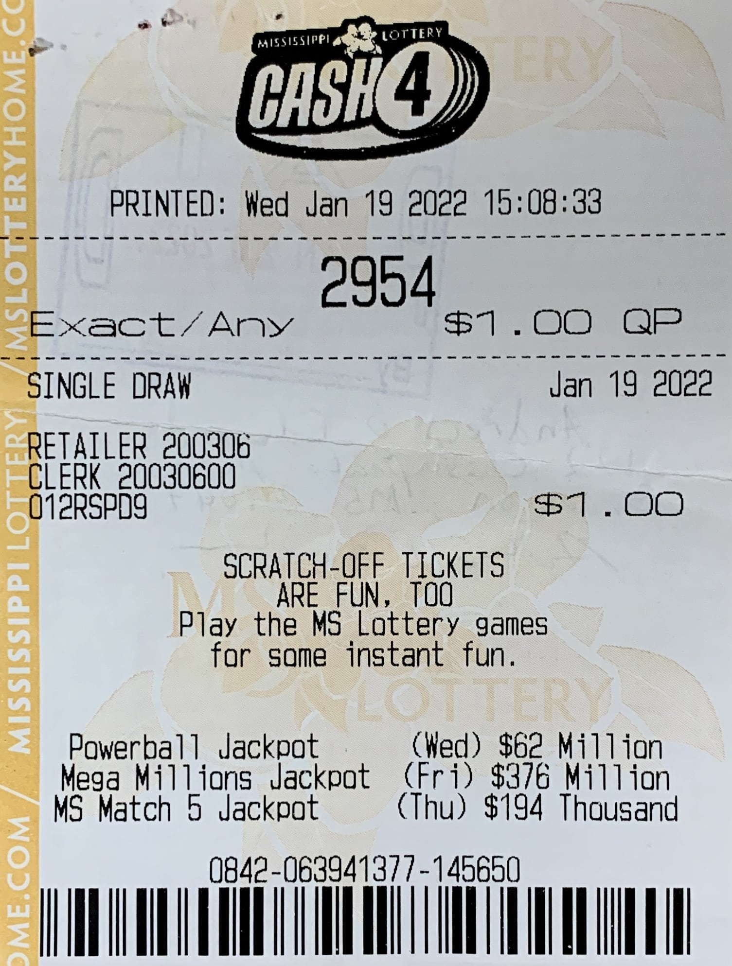 A Brandon man won $2,600 on a Cash 4 ticket purchased from Lakeside Food Mart #12 on Grants Ferry Rd., Brandon.