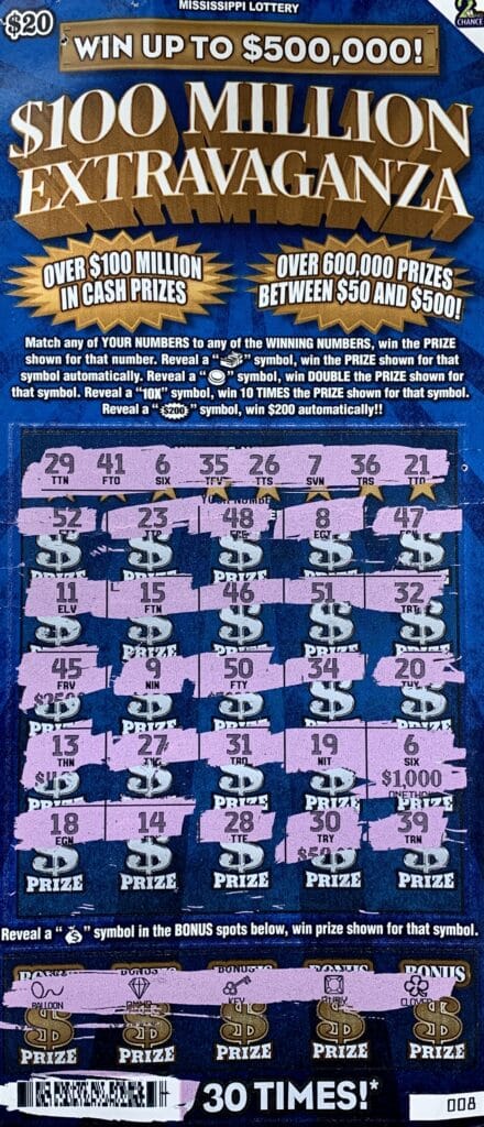 A Belden player won $1,000 on a $20 $100 Million Extravaganza scratch-off game purchased from Sprint Mart #37 on McCullough Blvd., Belden.