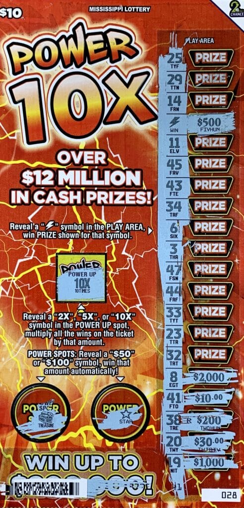 A Columbus player won $5,000 on a $10 Power 10x scratch-off game purchased from Sprint Mart #4119 on Hwy. 45 N., Columbus.