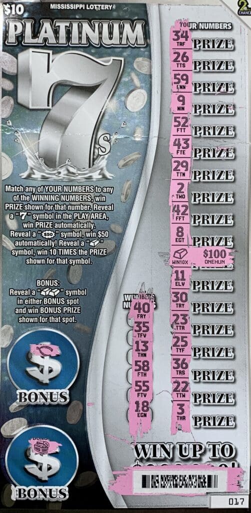 A Greenville woman won $1,000 on a $10 Platinum 7s scratch-off game purchased from Double Quick #81 on S. Broadway St., Greenville.