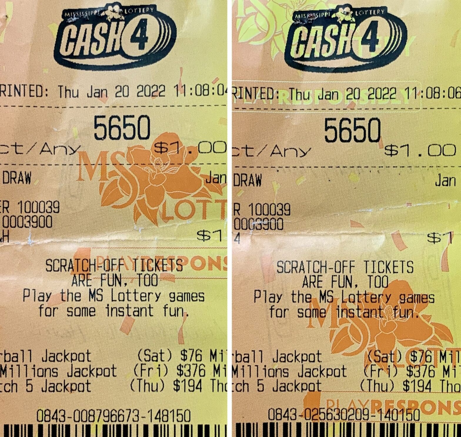 A Jackson woman won $5,400 on two Cash 4 tickets purchased from Colonial Mart Shell on Old Canton Rd., Jackson. She won $2,700 on each ticket.