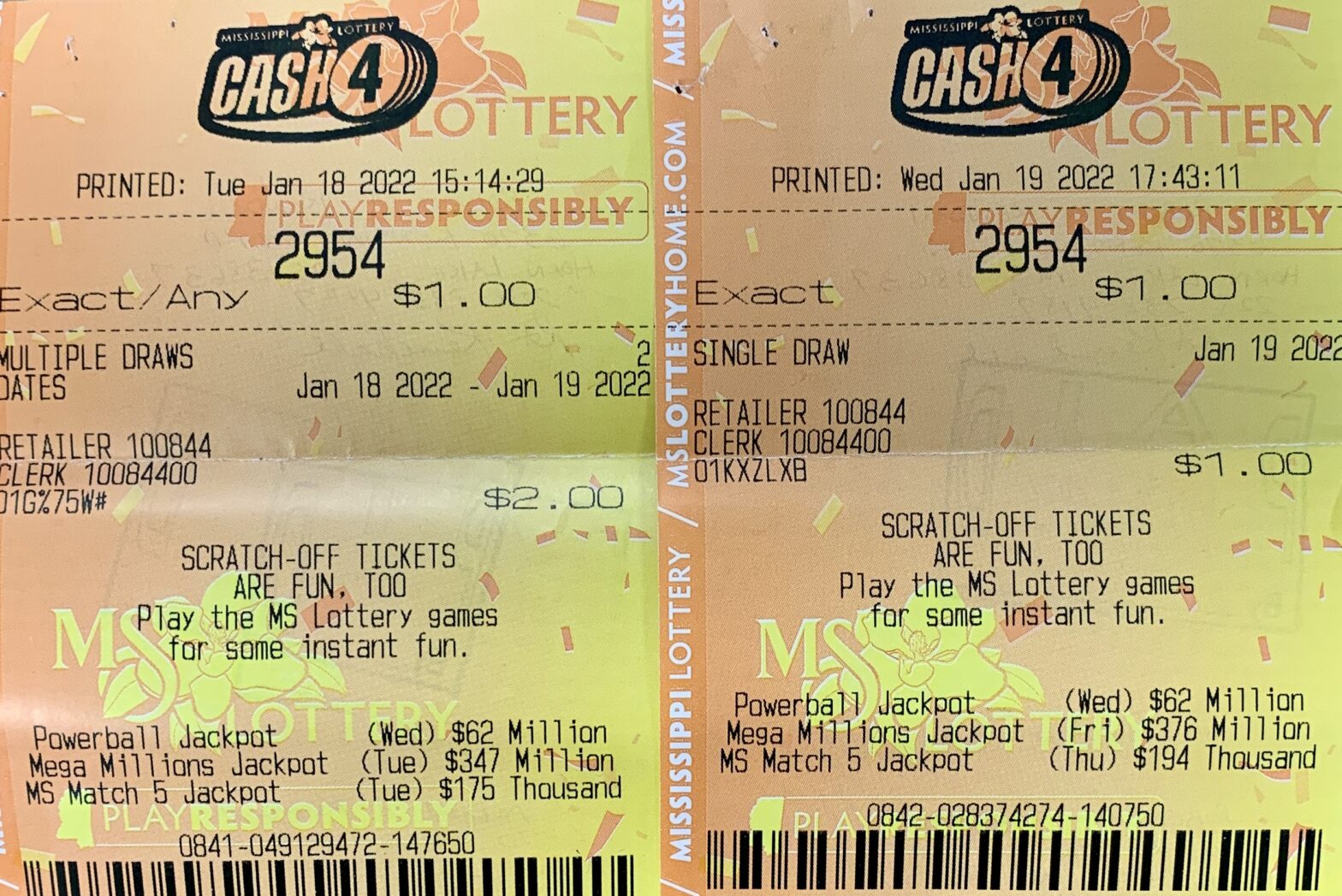 A Horn Lake man won $7,600 on two Cash 4 tickets purchased from Singh and Sons 3 LLC on W. Stateline Rd., Southaven. He won $2,600 on one ticket and $5,000 on the other.